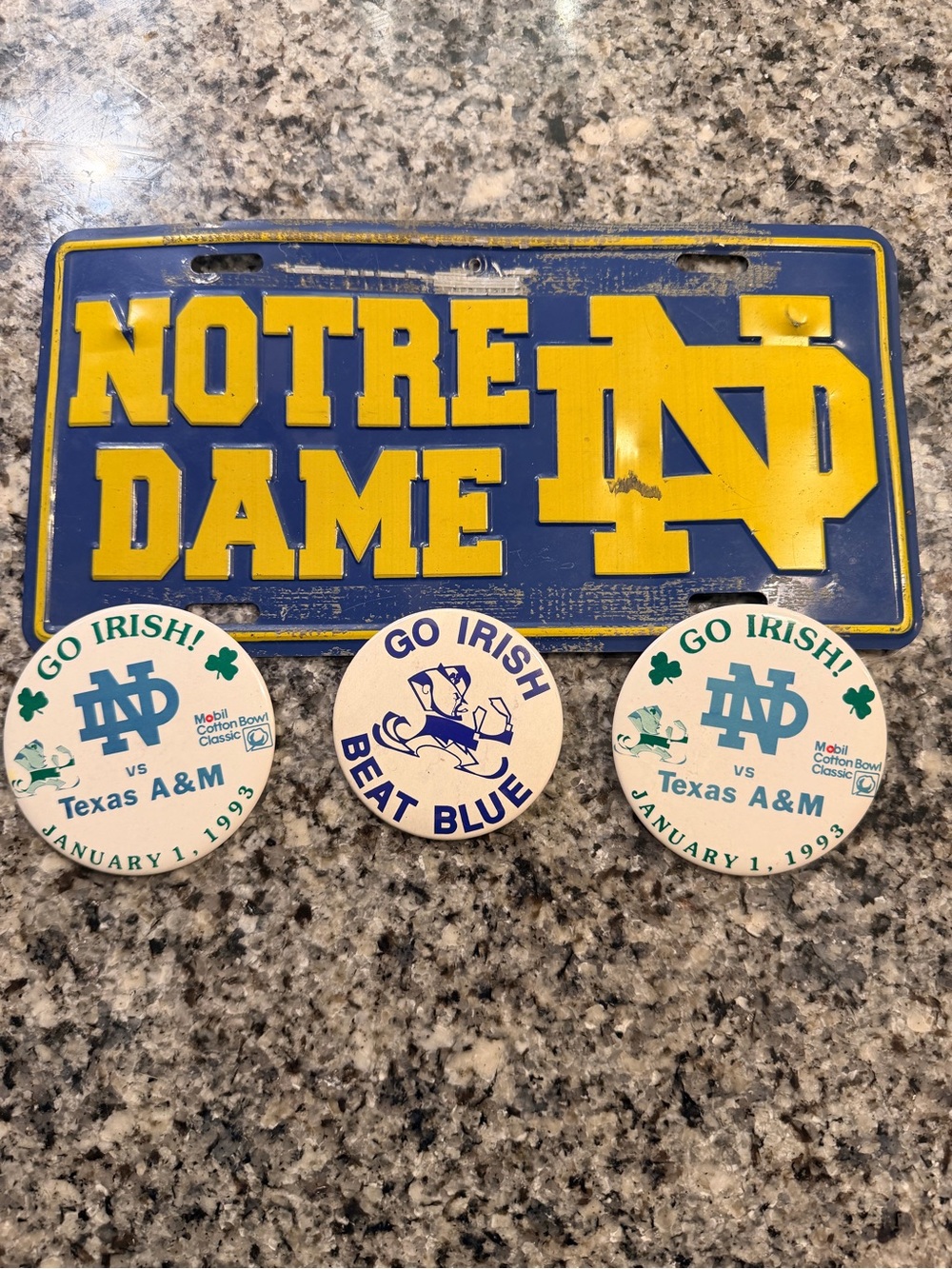 Vintage Notre Dame Lot - 1993 Cotton Bowl Buttons , Beat Blue Pin, Metal Plate